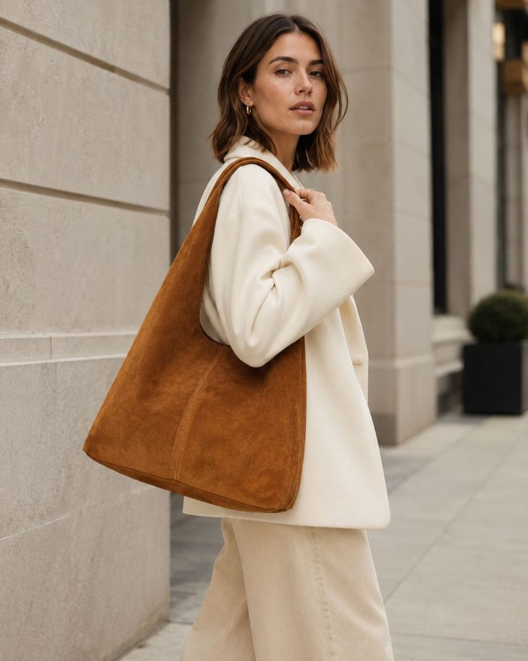 Eine Frau in cremefarbenem Mantel und Hose steht vor einem Steingebäude und präsentiert die große Wildledertasche „Soft Love“ über der Schulter. Diese geräumige und stilvolle Tasche vereint Eleganz und Funktionalität und ist damit ideal für Kunden, die ein raffiniertes Design mit Alltagstauglichkeit suchen.