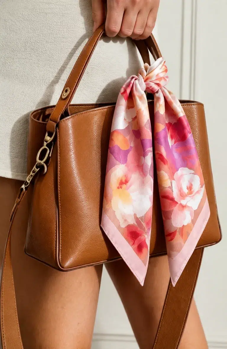 Braune Tasche mit Blumenhalstuch