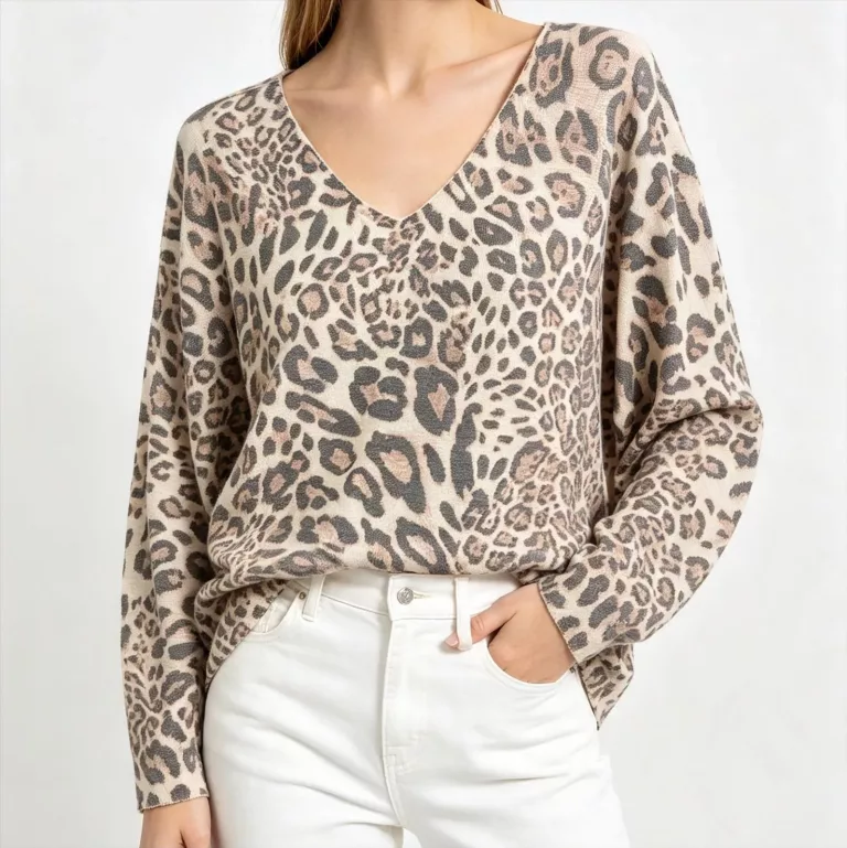 Leopardenmuster Pullover mit V-Ausschnitt