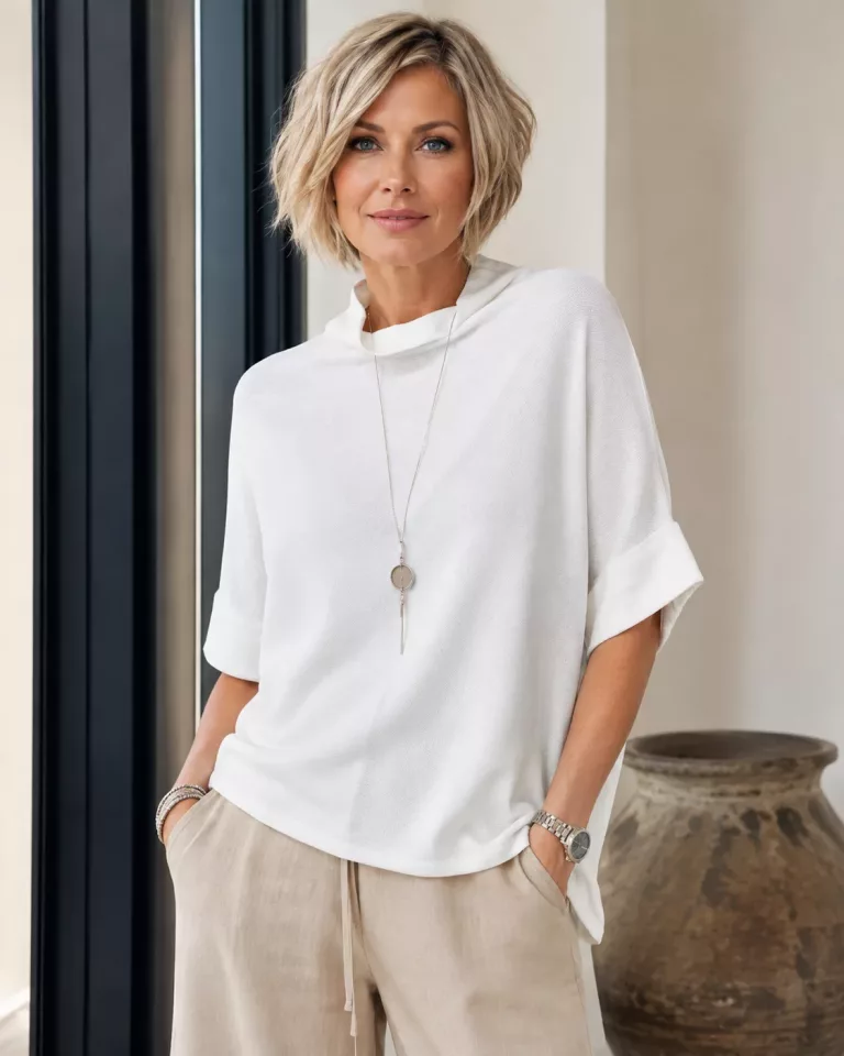 Frau trägt weiße Bluse, beige Hose