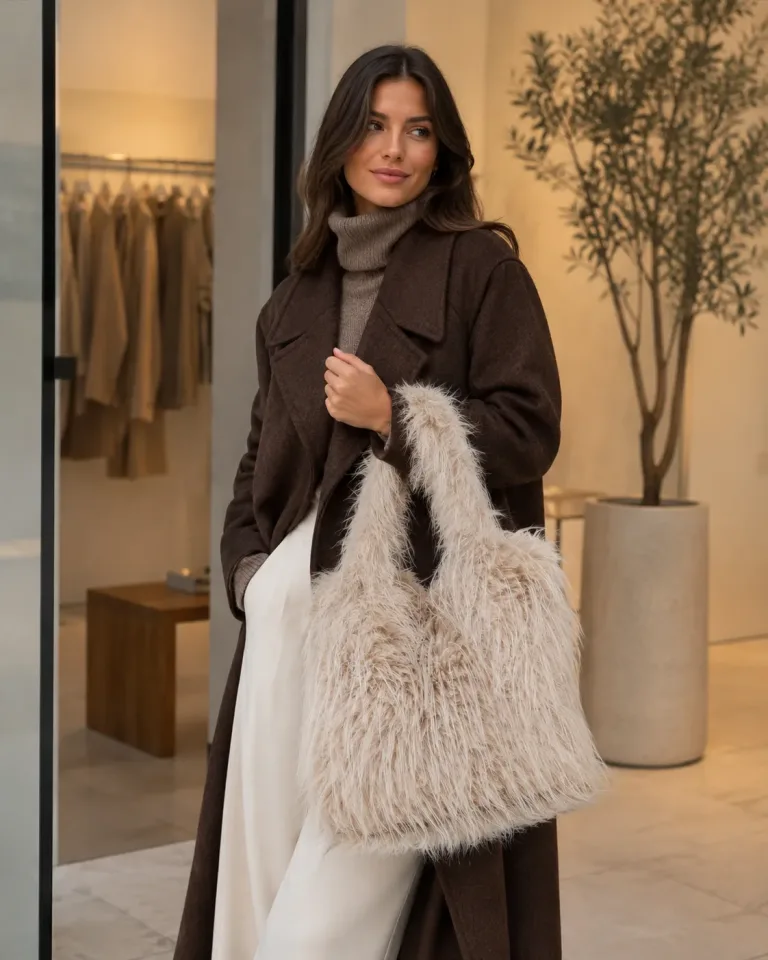 Frau mit flauschiger Handtasche