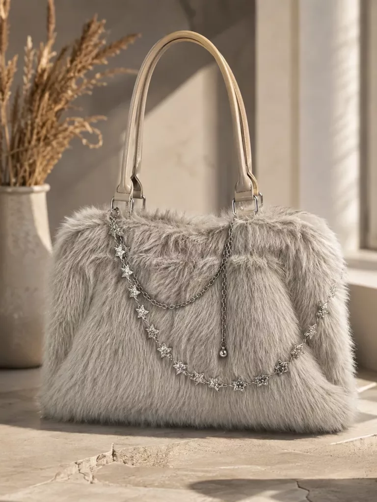 Graue Kunstpelz-Tasche mit Sternen