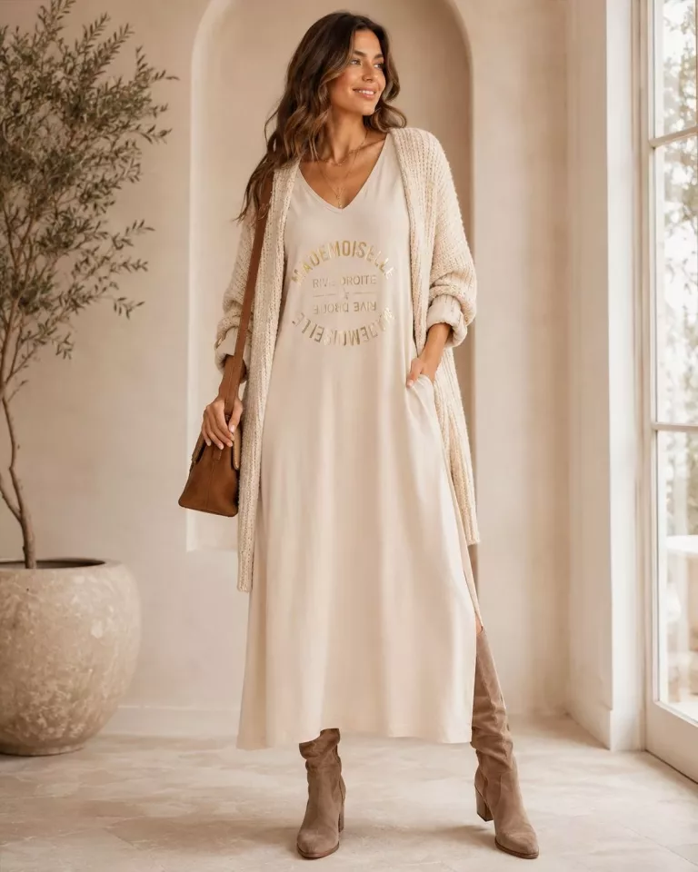 Frau im beigen Outfit