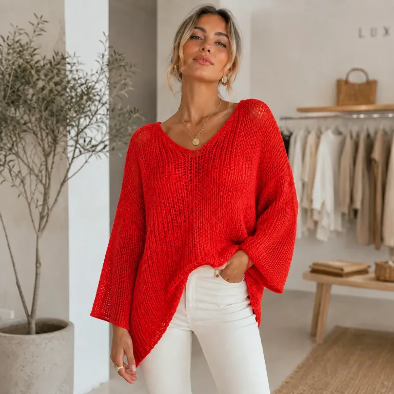 Roter Strickpullover mit V-Ausschnitt
