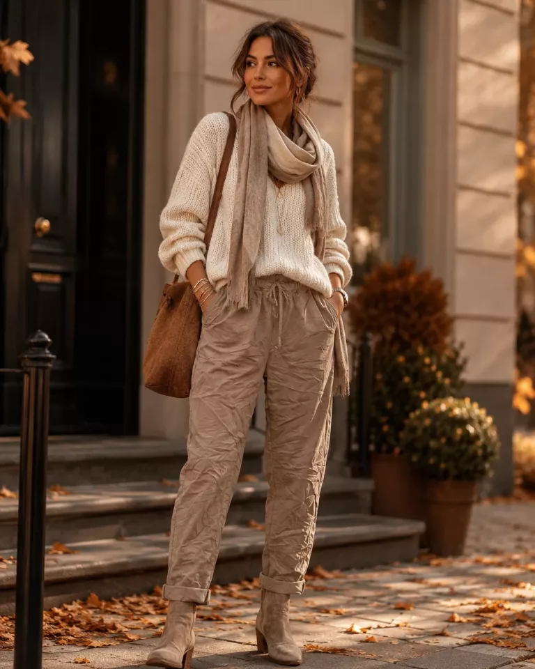 Modische Herbstmode Frau Beige