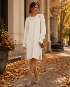 Weiße Strickkleid im Herbst