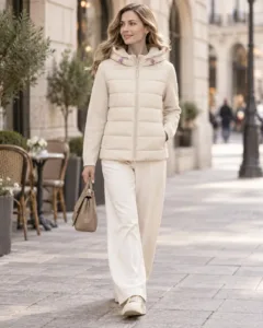 Frau trägt beige Steppjacke