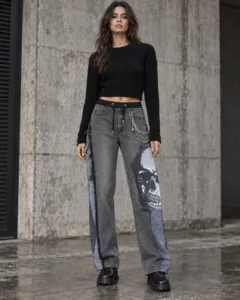 Model in skull jeans.