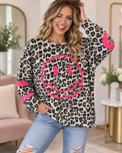 Leopard print smiley pullover