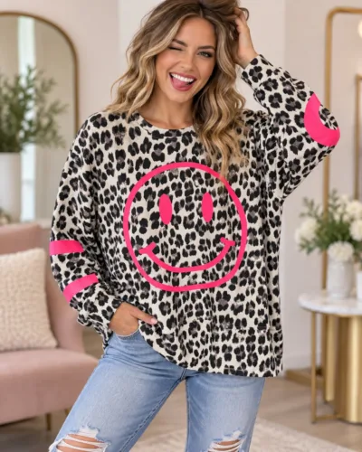Leopard print smiley pullover