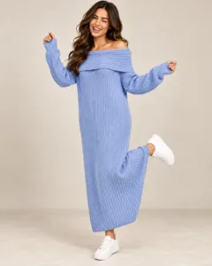 Damen Strickkleid Off Shoulder lila