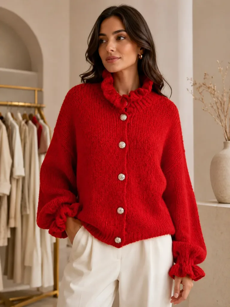 Rotes Strickoberteil mit Rüschen
