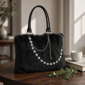Schwarze Kunstpelz-Handtasche mit Sternen