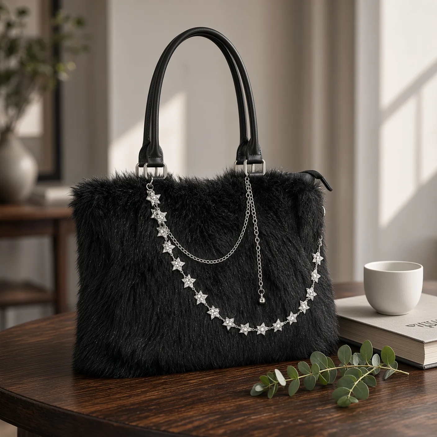Schwarze Kunstpelz-Handtasche mit Sternen