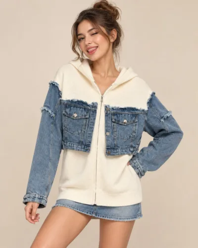 Frau im Jeansjacke-Pullover