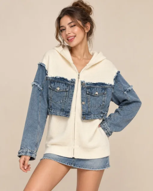 Frau im Jeansjacke-Pullover