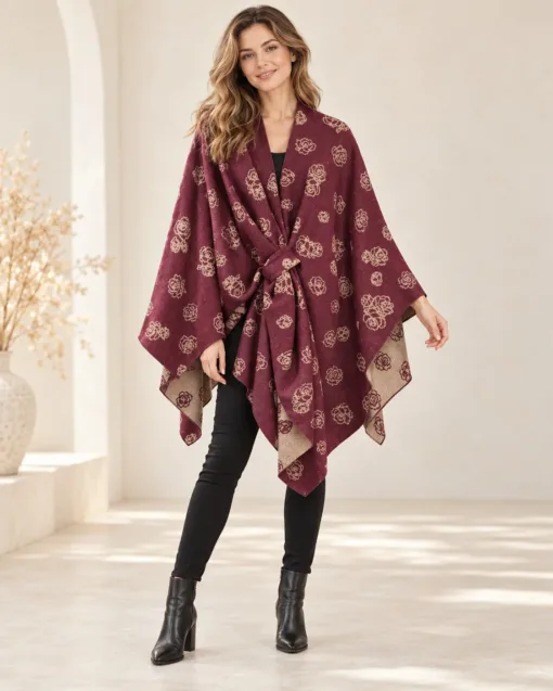Weinrote Blumenstrickjacke mit Bindung