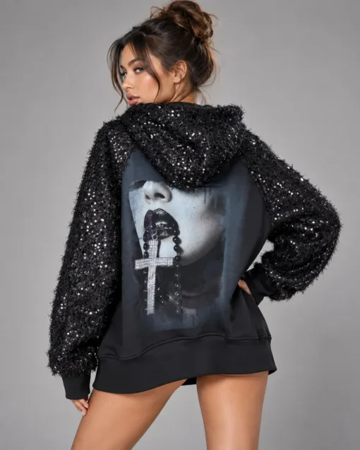 Sequined hoodie with cross graphic