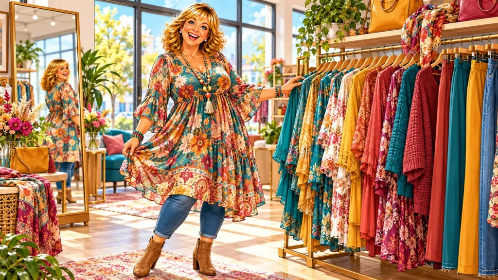 Curvy Mode: XXL Mode für moderne Frauen Curvy Mode bei Brita: lachende Frau mit kurviger Figur in geblümter Tunika und Jeans neben einer Kleiderstange mit Tuniken, Pullovern und Hosen in großen Größen.